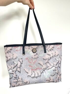 Leather Tory Burch "Kerrington" Floral Tote Bag